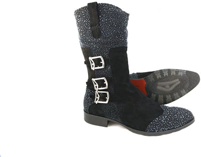 Carlo Ventura 2821 Black Suede Caviar Leather High Rise Boots