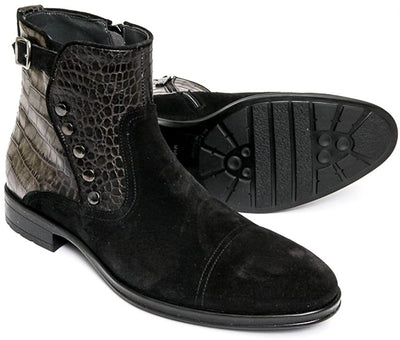 Giovanni Conti 3338-01 Black Suede Leather Crocodile Print Leather Zip Up Boots
