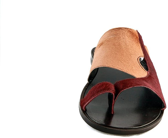 Roberto Guerrini Burgundy Beige Pony Leather Push In Toe Sandals