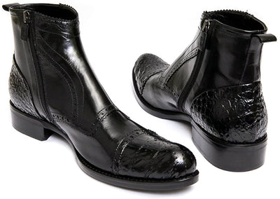 Jo Ghost 3168 Black Leather Perforated Pattern Stitching Zip Up Boots