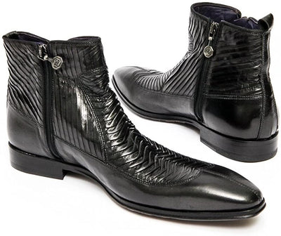 Roberto Guerrini A6450 Black Leather Pleated Trim Zip Up Boots