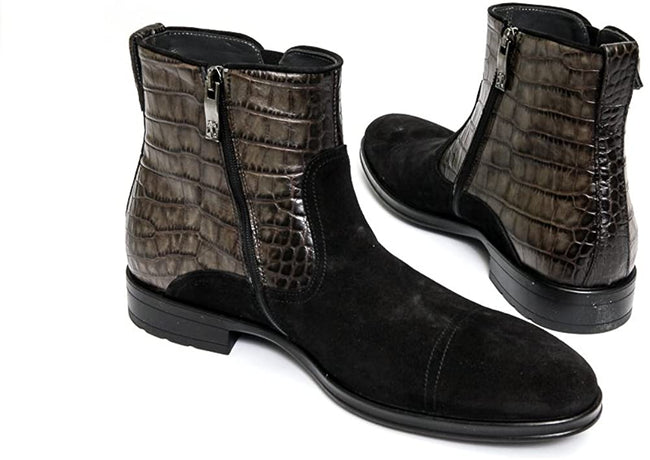 Giovanni Conti 3338-01 Black Suede Leather Crocodile Print Leather Zip Up Boots
