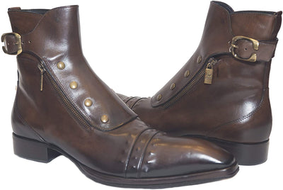 Jo Ghost 3206 Brown Leather Buttoned Double Zipper High Rise Boots