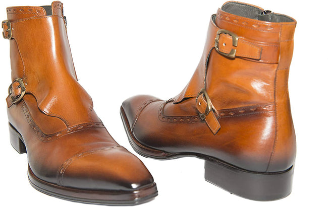Jo Ghost 2312 Italian Cognac Leather Ankle Boots with Zipper & Buckles