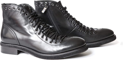 Jo Ghost 1838 Italian Black Leather Lace Up Boots With Zipper