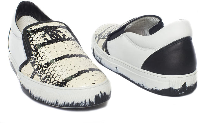 Roberto Cavalli 7799/RC White Black Leather Python Print Trim Slip On Loafers
