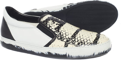 Roberto Cavalli 7799/RC White Black Leather Python Print Trim Slip On Loafers