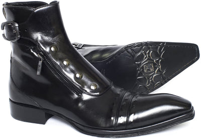 Jo Ghost 3206 Black Leather Buttoned Double Zipper High Rise Boots