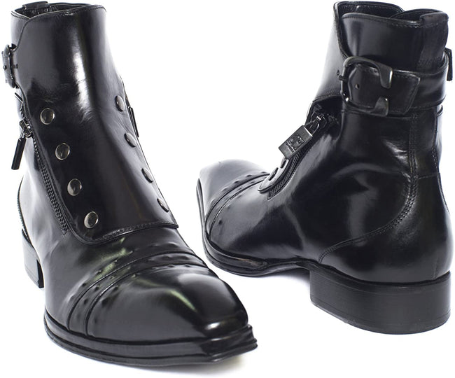 Jo Ghost 3206 Black Leather Buttoned Double Zipper High Rise Boots