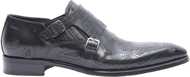 Jo Ghost 2561 Italian Black Laser Print Leather Shoes with 2 Buckles