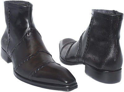 Jo Ghost 46217 Black Leather Stitched Decor Zip Up Boots