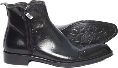 Jo Ghost 334 M Black/Blue Leather Studded Decor Zip Up Boots