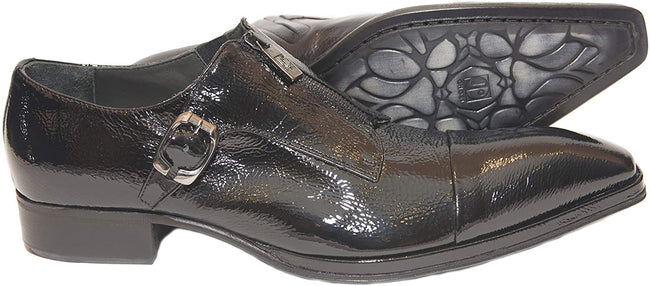 Jo Ghost 1316 Black Patent Leather Buckle Side Zippers Loafers