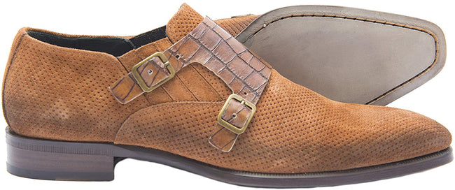 Jo Ghost 2561 Italian Cognac Brown Perforated Suede/Croc Print Shoes with 2 Buckles.