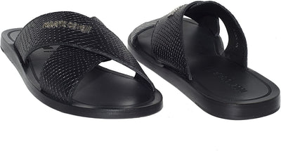 ROBERTO CAVALLI 5489 Black Criss Cross Print Leather Logo Sandals