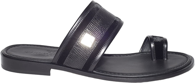 Giampiero Nicola 5437 Black Leather Lizard Trim Push In Toe Sandals