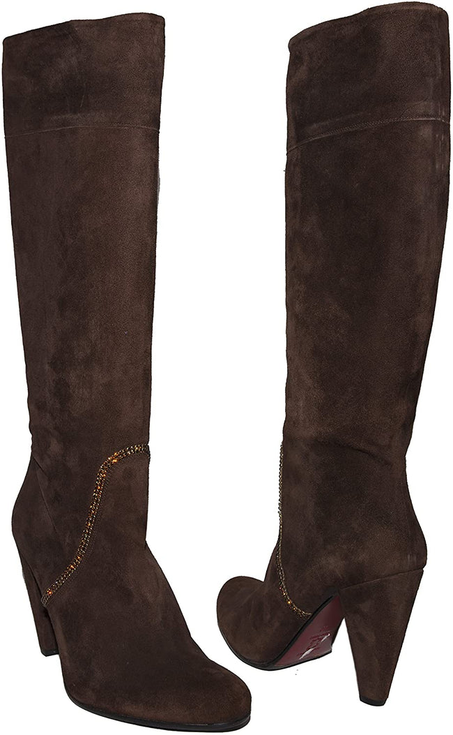 Albano 172 Italian Womens Brown Suede Knee high Boots with Swarovski Element, 4" Heel