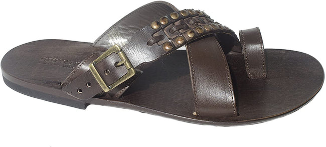 Giovanni Conti 701 Brown Criss Cross Leather Push In Toe Studded Sandals