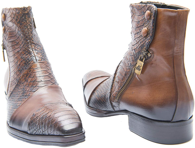 Jo Ghost 2534 Italian Brown Leather/Snake Print Ankle Boots with Zips & Buttons