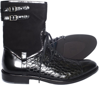Giovanni Conti 3317-04 Black Suede and Crocodile Print High Rise Boots