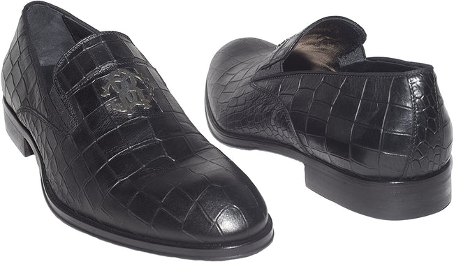 ROBERTO CAVALLI 6245 Italian Mens Black Print Leather Loafers with Logo RC