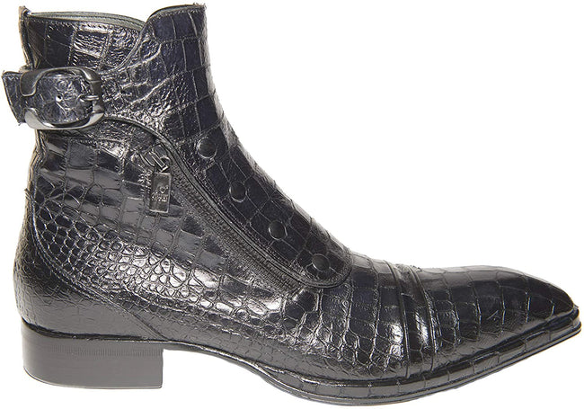 Jo Ghost 3206 Italian Black Crocodile Print Leather Ankle Boots with Zippers, Buttons & Buckle