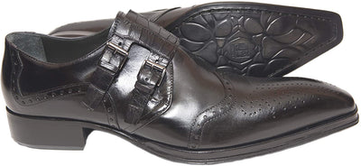 Jo Ghost 984 Black Leather Pattern Double Buckle Loafers