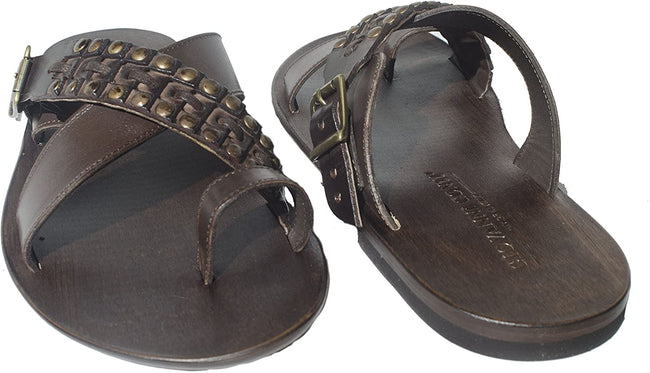 Giovanni Conti 701 Brown Criss Cross Leather Push In Toe Studded Sandals