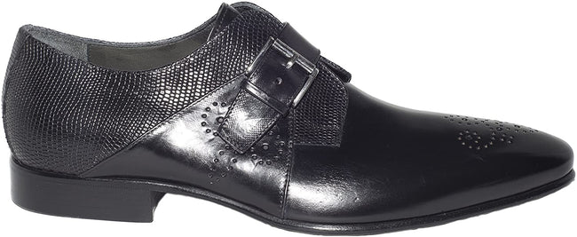 Jo Ghost 1156 Black Leather Lizard Trim Buckle Loafers