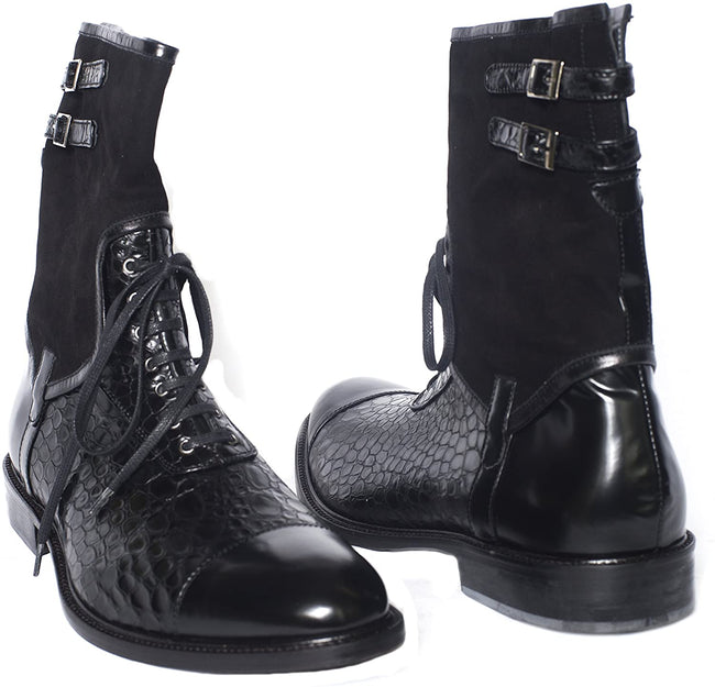 Giovanni Conti 3317-04 Black Suede and Crocodile Print High Rise Boots