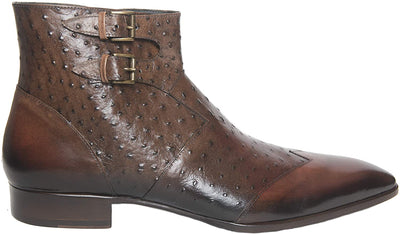 Jo Ghost 1627 Brown Ostrich Print Leather Double Buckle Boots