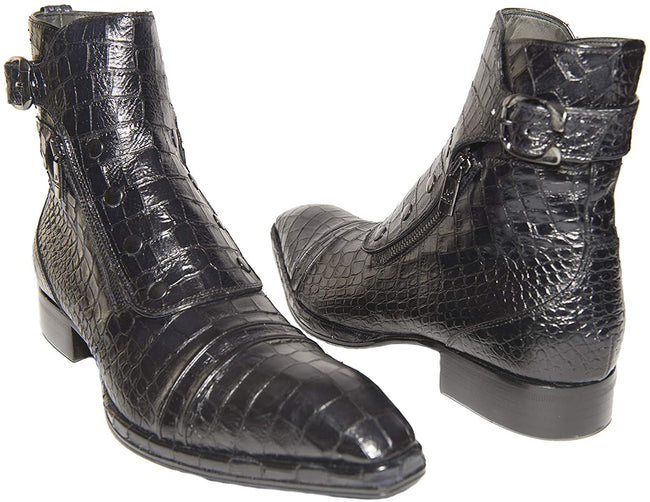 Jo Ghost 3206 Italian Black Crocodile Print Leather Ankle Boots with Zippers, Buttons & Buckle