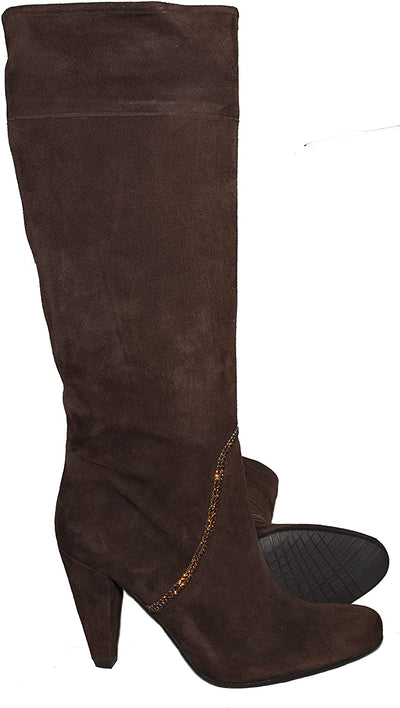 Albano 172 Italian Womens Brown Suede Knee high Boots with Swarovski Element, 4" Heel