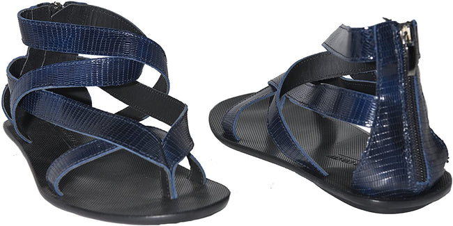 Giovanni Conti 234 Navy Blue Pattern Leather Thong Back Zipper Sandals