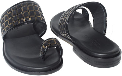 Giampieronicola 5175 Black Suede Gold Square Pattern Push in Toe Sandals