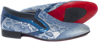 Giovanni Conti 3715-03 Blue/Silver Python Print Black Patent Trim Slip On Loafers