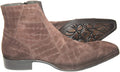 Jo Ghost 2030 Italian Brown Crocodile Print Suede Ankle Boots with Zipper