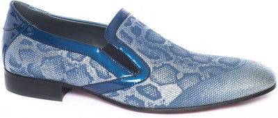 Giovanni Conti 3715-03 Blue/Silver Python Print Black Patent Trim Slip On Loafers