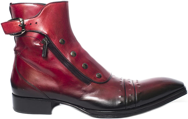 Jo Ghost 3207 M Italian Mens burgundy/red Ankle Boots with Two Zippers and Buckle