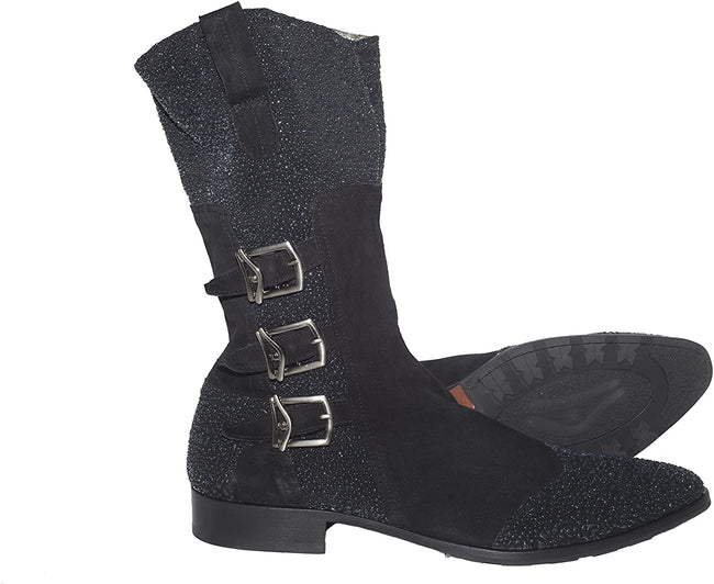 Carlo Ventura 2821 Black Suede Leather Triple Buckle High Rise Boots
