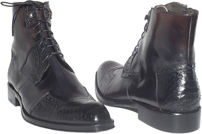 Jo Ghost 902 Black Leather Python Trim Lace Up Zipper Boots