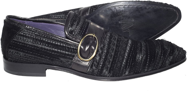 Roberto Guerrini 0507 Black Pony Leather Buckle Slip On Loafers