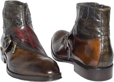 Jo Ghost 847 Brown Leather Crocodile Trim Buckle Zip Up Boots