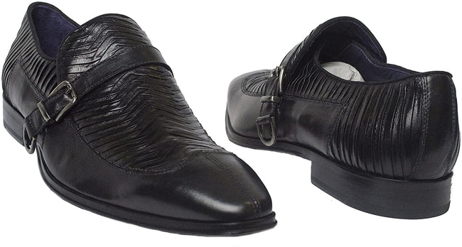 Roberto Guerrini A6452 Black Leather Pleated Trim Slip On Buckle Loafers