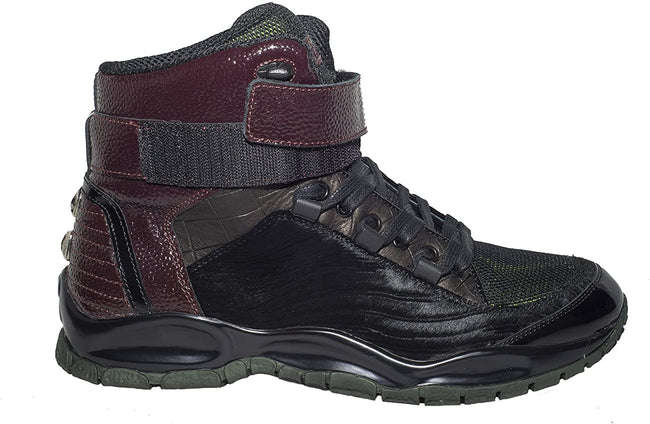 ROBERTO CAVALLI 4187 Black Bordo Leather Multi Pattern High Top Strap Sneakers