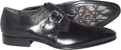 Jo Ghost 1156 Black Leather Lizard Trim Buckle Loafers