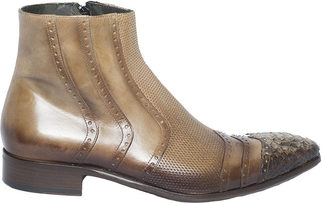 Jo Ghost 559 M Beige Leather Python Tip Trim Zip Up Boots