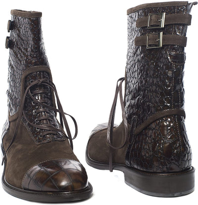Giovanni Conti 3317-02 Brown Suede and Crocodile Print High Rise Boots