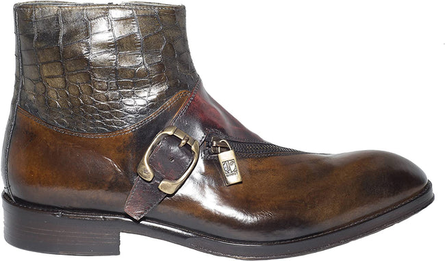 Jo Ghost 847 Brown Leather Crocodile Trim Buckle Zip Up Boots