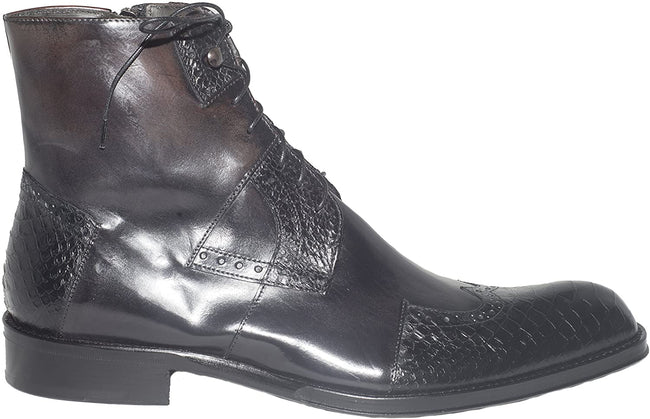 Jo Ghost 902 Black Leather Python Trim Lace Up Zipper Boots